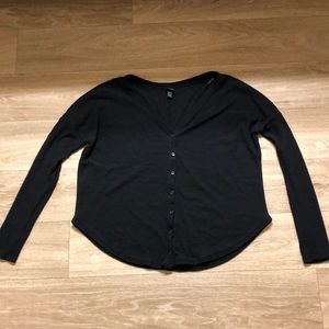 Black Loose Fitting Button Down Waffle Long Sleeve Tee